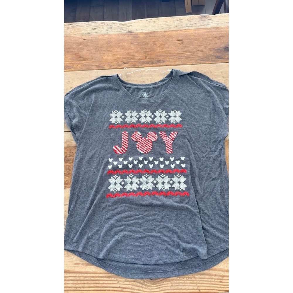Disney Parks Mickey Mouse Joy Sequin Holiday Shirt Gray Women Large L Holiday